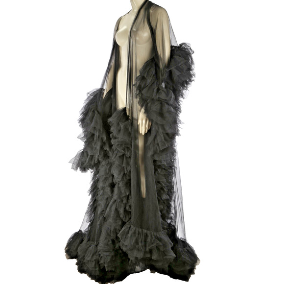 Black Sheer Tulle Puffy Robe Gown Dramatic Layered Boudoir Photoshoot Dress S - Picture 1 of 16